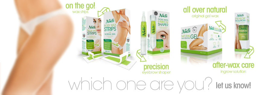 Woman’s legs next to On The Go, Precision, All Over Natural and After-Wax Care products by Nad’s